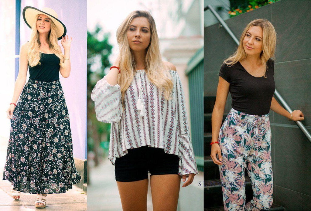 Tres mujeres con looks de moda verano: falda larga floral, blusa estampada y pantalones con top negro