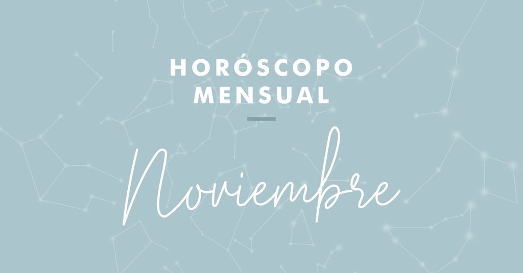 Fondo azul con constelaciones y texto blanco Horóscopo mensual Noviembre