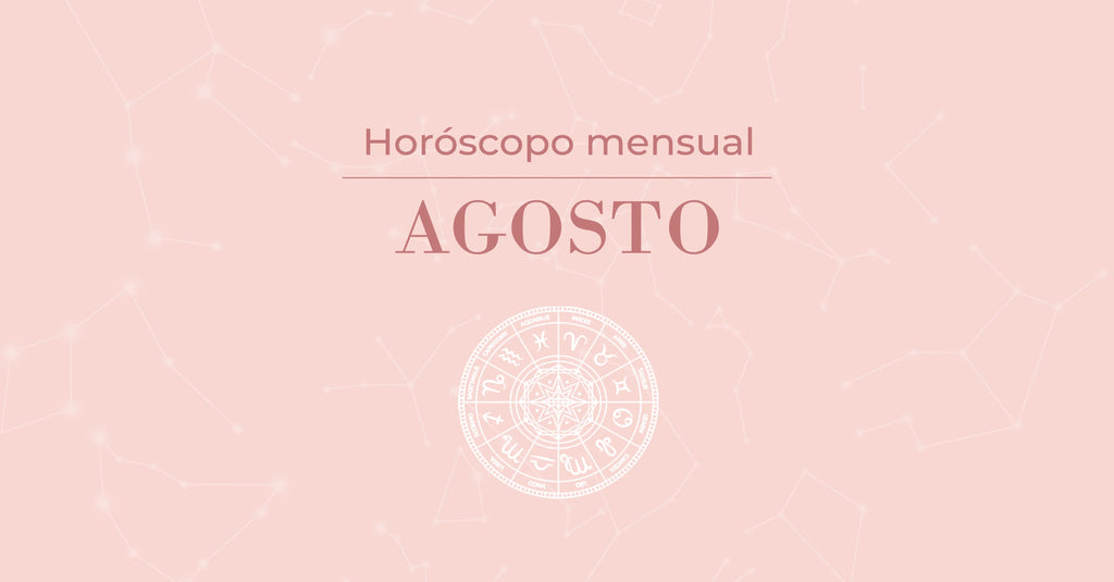 Horóscopo mensual de agosto con fondo rosa y símbolos zodiacales en rueda astrológica