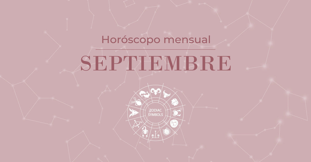 Horóscopo mensual septiembre con símbolos zodiacales sobre fondo rosa y constelaciones