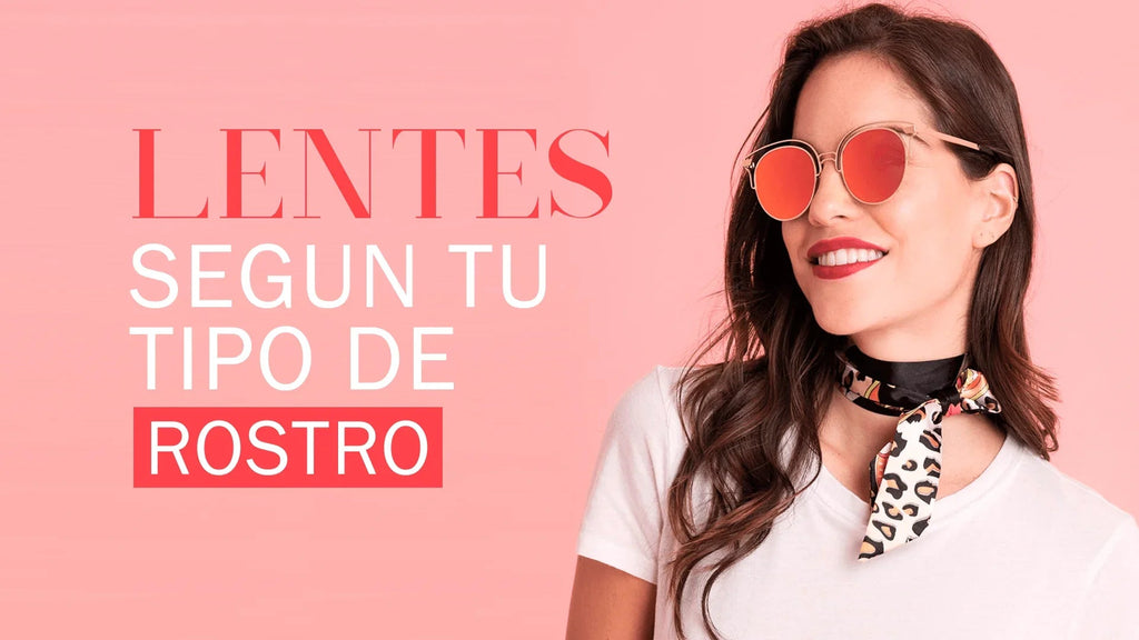 Mujer sonriente con gafas de sol de lentes rojas y pañuelo estampado, fondo rosa con texto sobre lentes