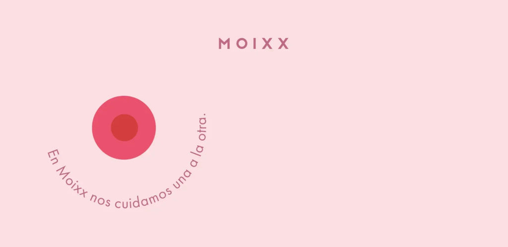Logotipo Moixx con ilustración rosa y texto sobre cuidado mutuo en fondo rosa claro
