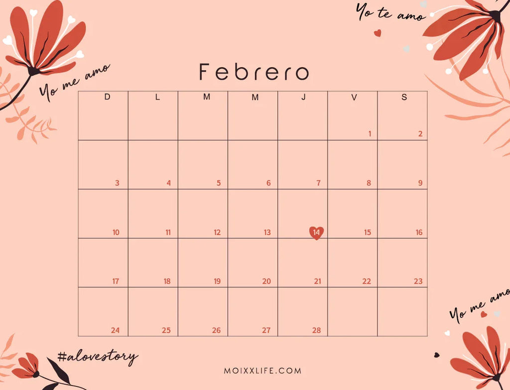 Calendario de febrero en rosa con flores rojas y corazones, destaca 14 de febrero Día del Amor