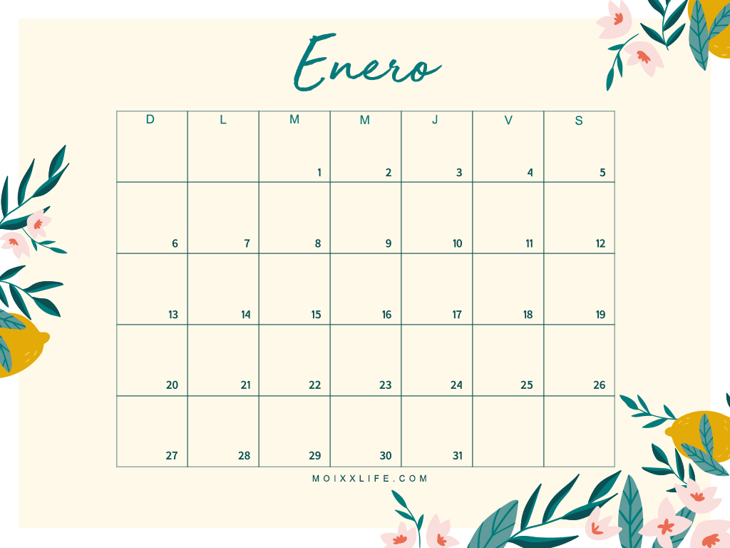Calendario minimalista de enero con diseño floral y limones, fondo crema y letras verdes