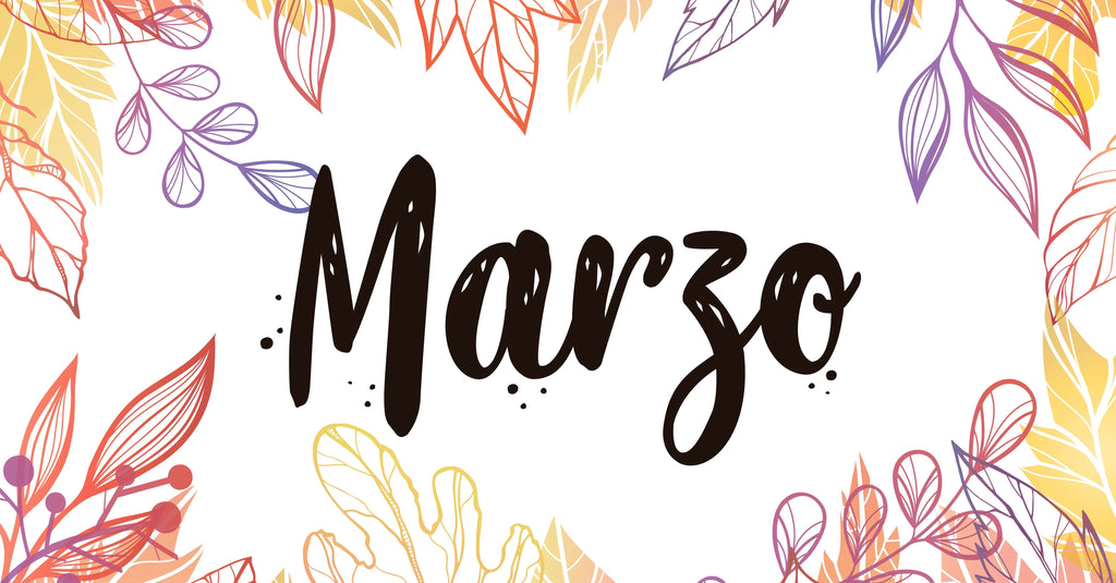 Ilustración primavera con la palabra marzo rodeada de hojas coloridas y diseño floral