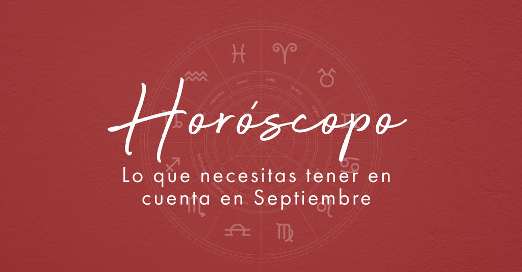 Horóscopo septiembre con fondo rojo y símbolos zodiacales en círculo