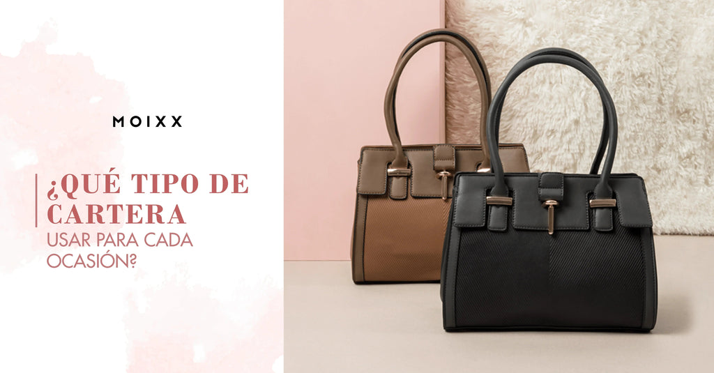 Dos carteras elegantes en tonos marrón y negro sobre fondo rosa y blanco, destacando moda y estilo