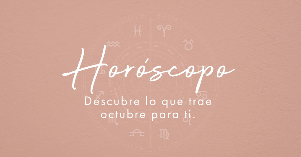 Fondo rosa con rueda zodiacal y texto sobre horóscopo y predicciones de octubre