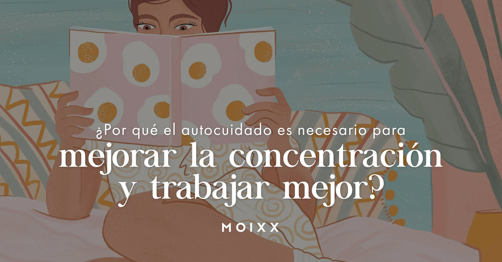 Ilustración de persona leyendo libro con portada de huevos fritos, texto sobre autocuidado, concentración y trabajo