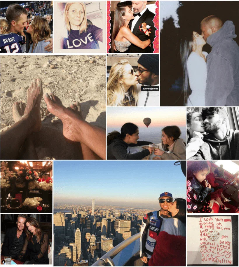 Collage de fotos con parejas y familias, escenas románticas y amorosas en diferentes lugares y situaciones