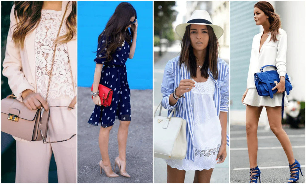 Collage de cuatro looks femeninos con bolsos y outfits elegantes y casuales en colores neutros y azul