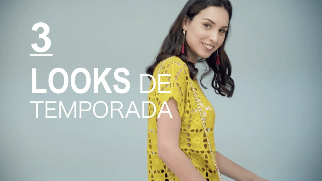 Mujer sonriendo con vestido amarillo troquelado y pendientes largos, texto 3 looks de temporada