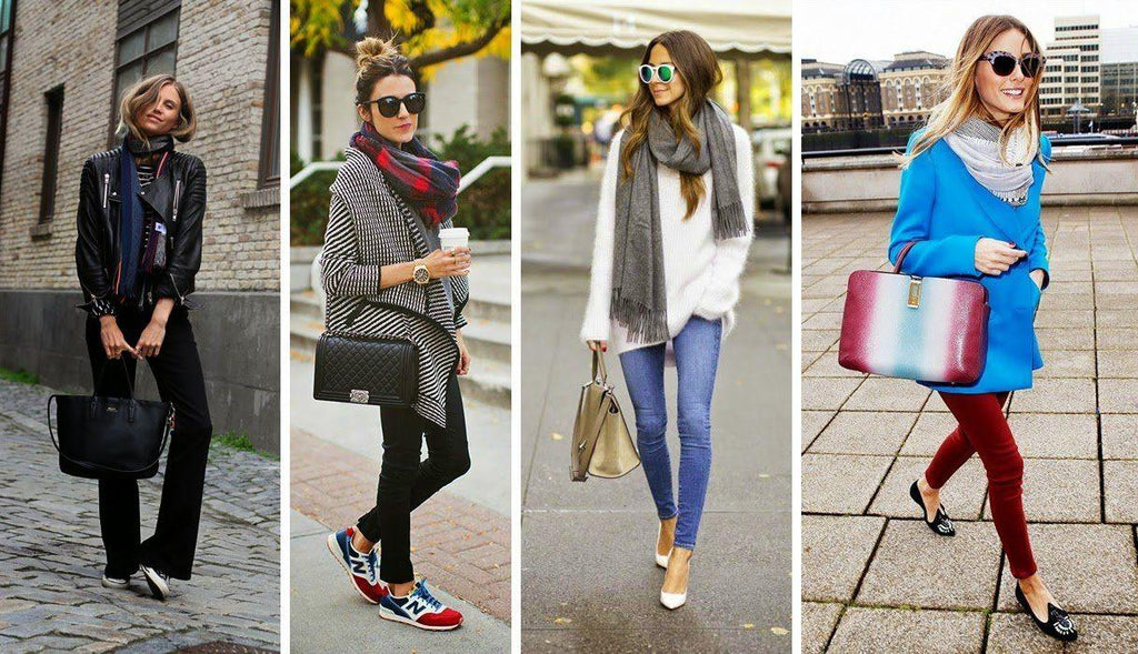 Cuatro mujeres con pashminas y moda urbana elegante en diferentes entornos urbanos