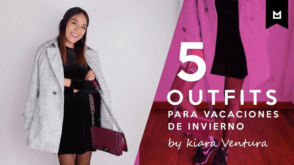Mujer sonriente con abrigo gris y vestido negro, moda invierno, 5 outfits para vacaciones