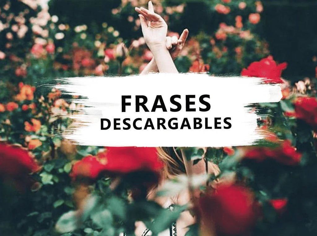 Manos alzadas entre flores rojas y verdes con texto frases descargables en fondo blanco