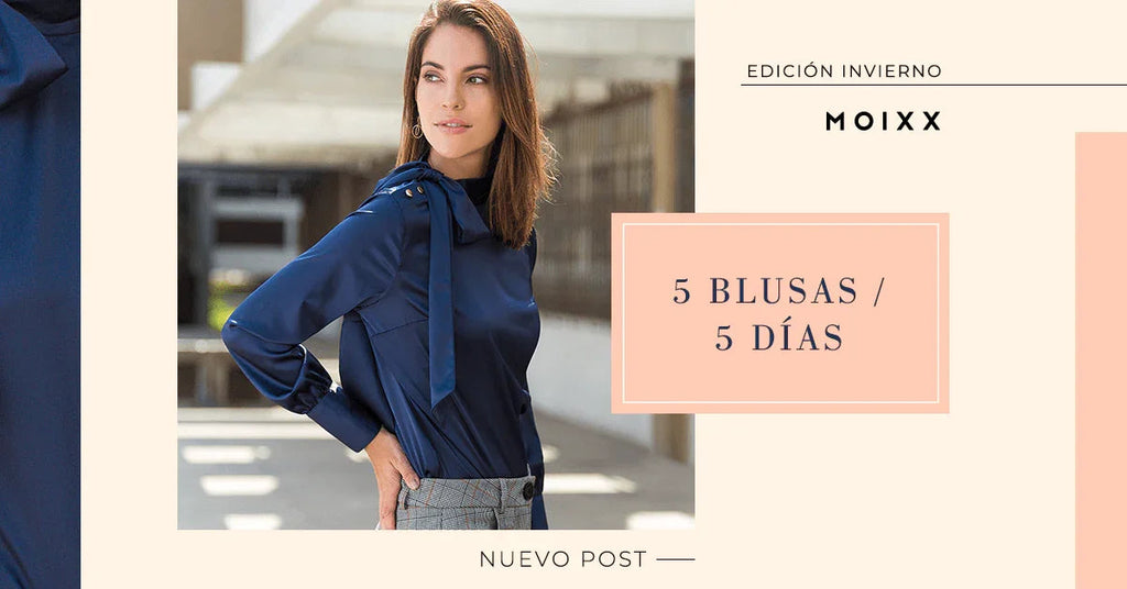 Mujer con blusa azul satén en edición invierno Moixx, promoción 5 blusas 5 días