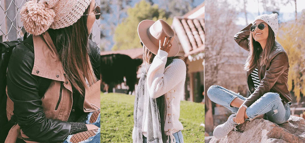 Mujer con gorro tejido y chaqueta marrón en exteriores, con paisaje natural y estilo casual otoño
