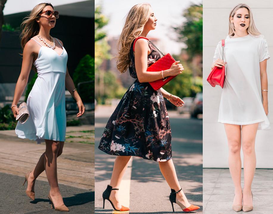 Mujeres con vestidos elegantes y zapatos de tacón alto en diferentes estilos y colores, destacando bolsos rojos y accesorios modernos