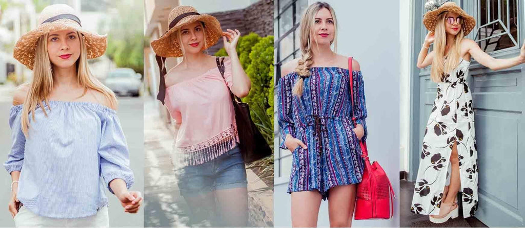 Mujer con varios estilos de moda verano, blusa hombros descubiertos, shorts, vestido largo flores, sombrero paja