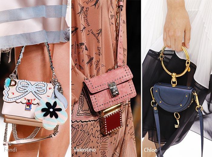 Tres bolsos de moda primavera verano 2017: Fendi con flores y lazo, Valentino rosa con tachuelas, Chloe azul con asa dorada