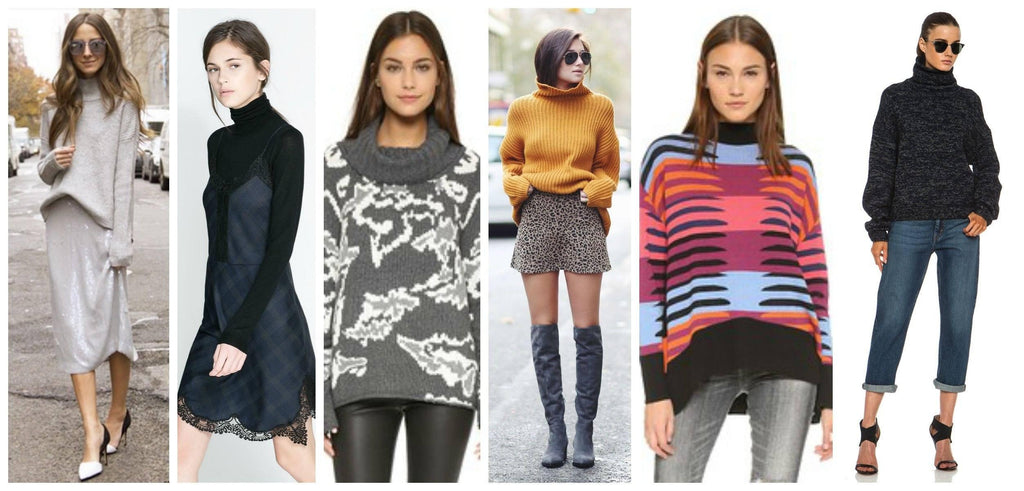 Seis mujeres con diferentes estilos de suéteres de cuello alto y atuendos de moda otoño invierno