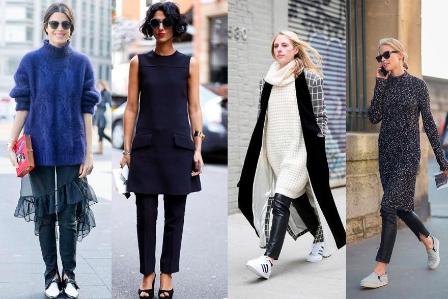 Cuatro mujeres con moda urbana y elegante: suéter azul, vestido negro, abrigo largo blanco y vestido ajustado negro con pantalones y accesorios